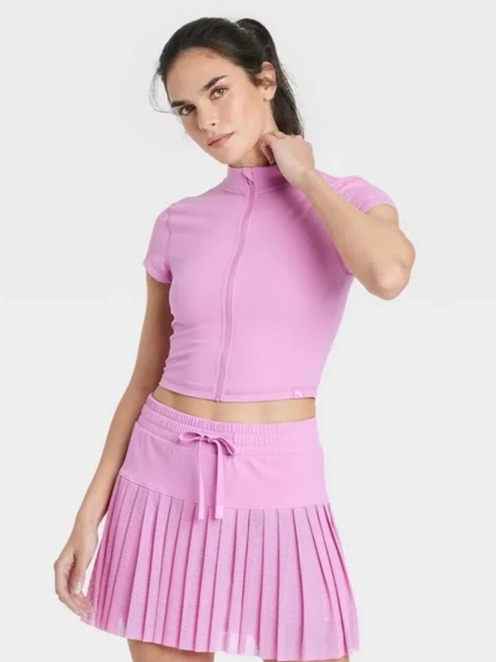 JoyLab Women's Zip-Front Short Sleeve Athletic Top in Coral Pink